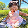 baby, child, outdoor, grass, dress, pink, headband, bow, sitting, curious, sunlight, portrait, nature, infant, cute, young, person, daylight, tree, blanket