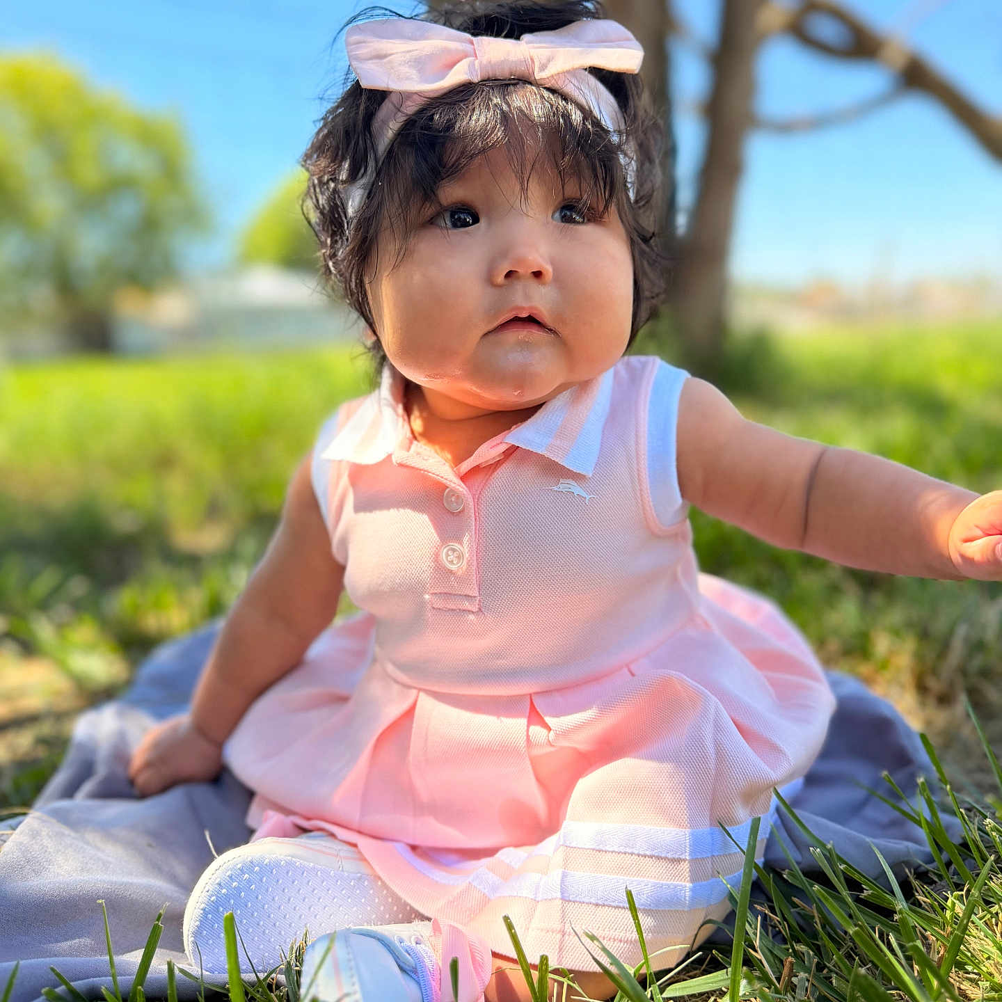 Gracia Wong joined the competition — help win amazing prizes! baby, child, outdoor, grass, dress, pink, headband, bow, sitting, curious, sunlight, portrait, nature, infant, cute, young, person, daylight, tree, blanket