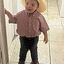 Colton joined the competition — help win amazing prizes! child, boy, cowboy_hat, shirt, jeans, boots, indoor, hallway, tile_floor, standing, curious, casual_clothing, young, portrait, small_child, cute, fashion, footwear, hat, person