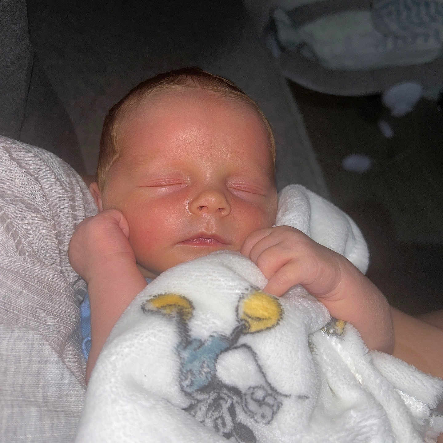 Mason is registered to the contest to win money with this photo: baby, bed, blanket, bodypart, clothing, face, finger, furniture, glove, hand, head, homedecor, linen, newborn, person, photography, portrait, quilt, sleeping, towel