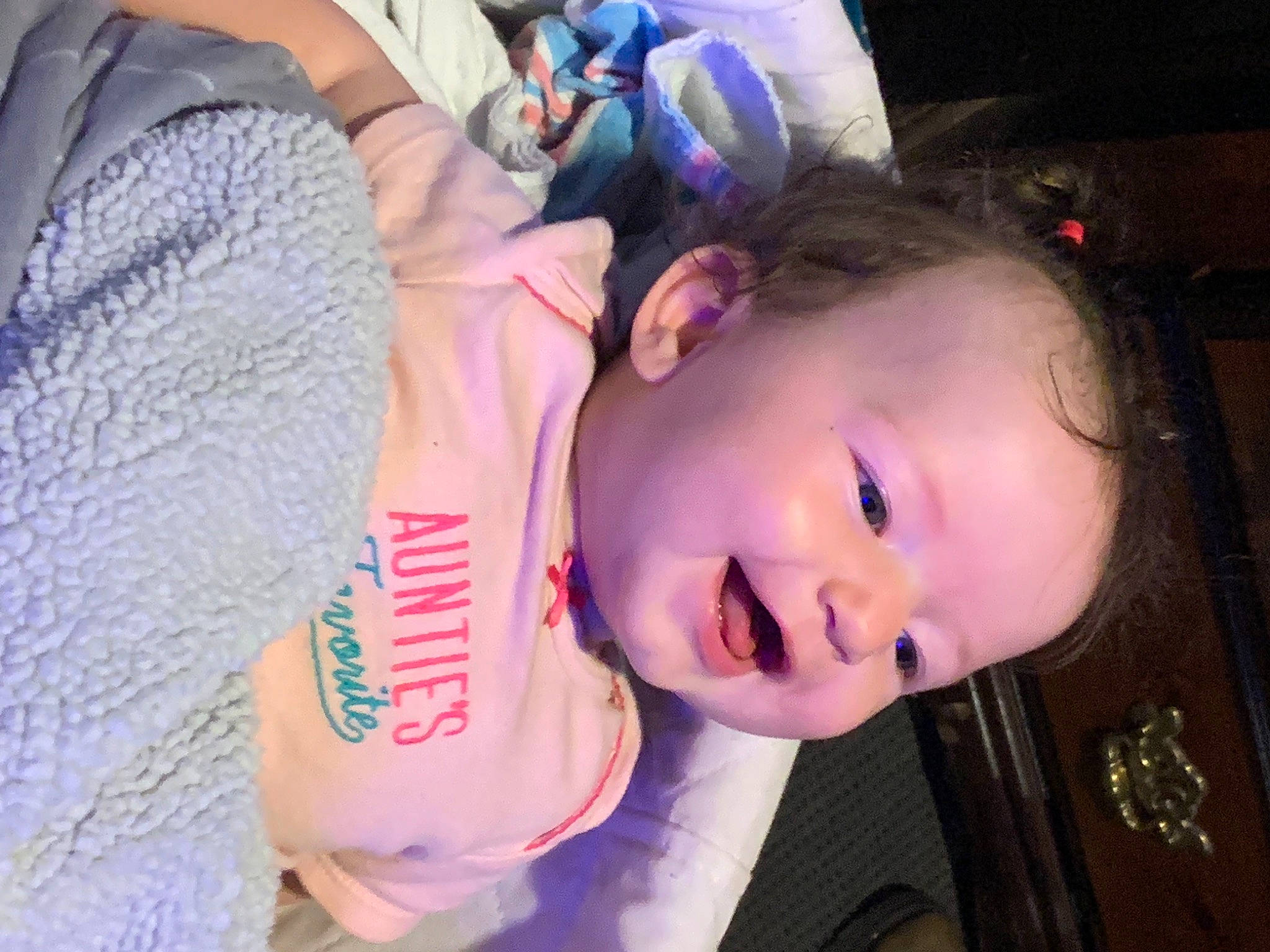 Addilynn is registered to the contest to win money with this photo: baby, baby_toddler_clothing, cheek, ear, eyebrow, eyelash, finger, fun, happy, iris, lip, magenta, mouth, nose, person, pink, plant, purple, skin, smile