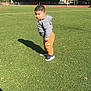 building, casual_clothing, child, curious, daytime, grass, greenery, hoodie, outdoor, pants, park, playing, shadow, sky, sneakers, sports_field, sunlight, toddler, trees, young_child