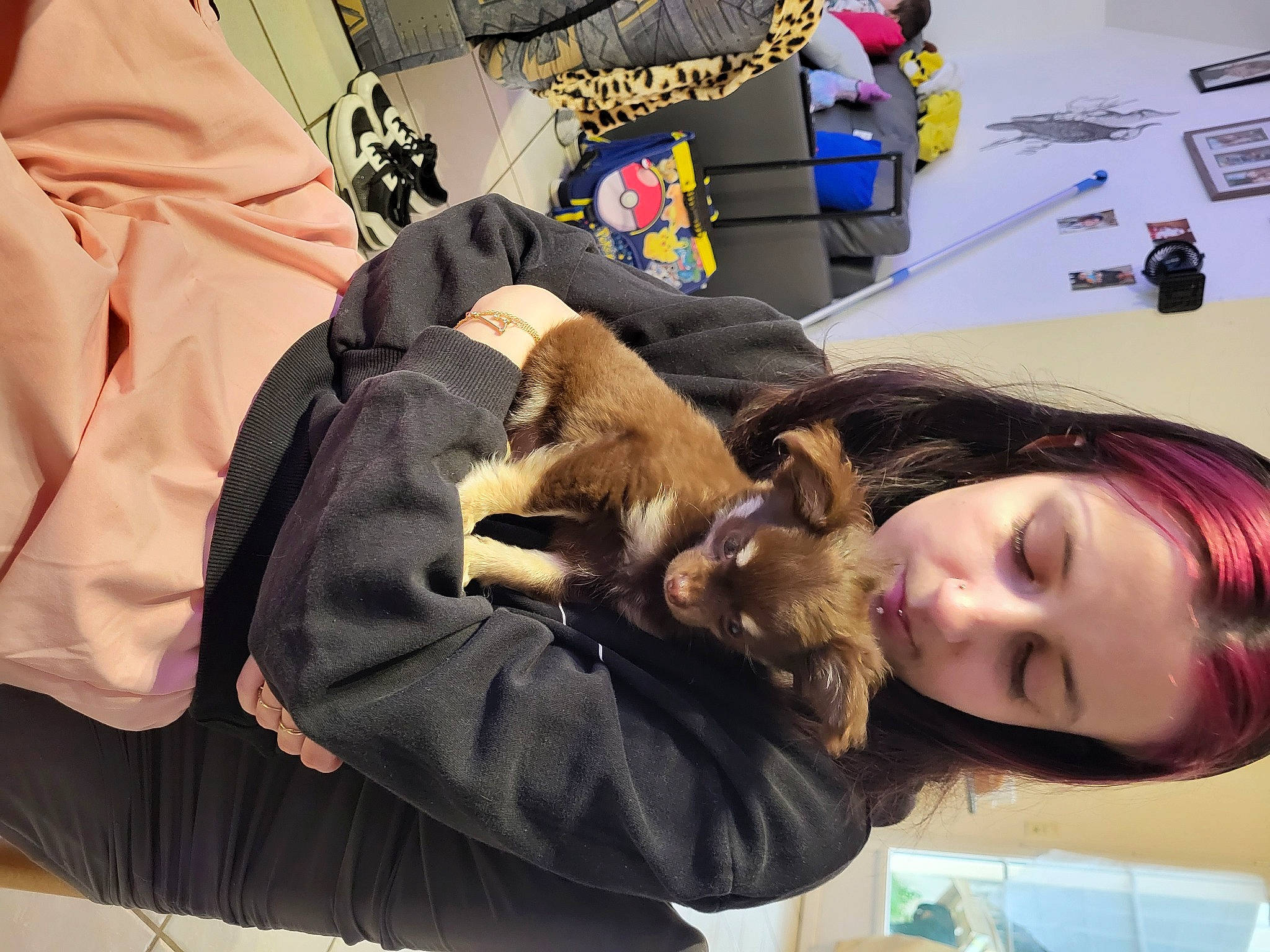 Choco participe au concours pour gagner de l'argent avec cette photo : brown_hair, canidae, child, comfort, companion_dog, dog_breed, domestic_short_haired_cat, ear, eyelash, eyewear, fawn, felidae, fur, hair_coloring, hairdresser, jaw, room, small_to_medium_sized_cats, sporting_group, whiskers