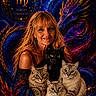 Vladyodatrubleteddy joined the competition — help win amazing prizes! adult, animal, black_cat, cats, colorful, cosmic, digital_art, dragon, face, fantasy, four_cats, longhaired_cat, pet, portrait, shorthaired_cat, smiling, tabby_cat, virgo, woman, zodiac