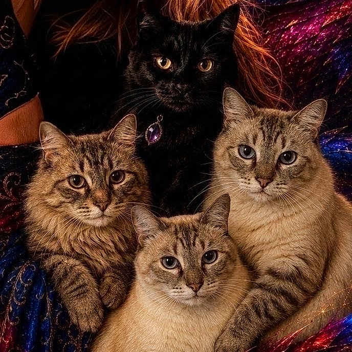 Vladyodatrubleteddy is registered to the contest to win money with this photo: animal_portrait, black_cat, cats, close_up, collar, colorful_background, ears, eyes, fabric, feline, four_cats, group, indoors, jewel, long_hair, pet, short_hair, sitting, tabby_cats, whiskers