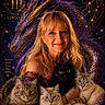 adult, astrology, black_cat, cats, digital_art, dragon, face, fantasy, four_cats, galaxy, gold, long_hair, portrait, purple, smiling, stars, tabby_cats, virgo, woman, zodiac
