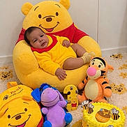 Jaryel Andrés is registered to the contest to win money with this photo: baby, child, infant, portrait, sitting, winnie_the_pooh, stuffed_animal, tigger, eeyore, yellow, red, bee, honey, birthday_cake, birthday, nursery, carpet, indoor, smiling, toys