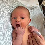 Rafael a rejoint le concours — aidez-le/la à gagner de superbes lots ! newborn, baby, infant, hand, fingers, face, skin, person, pattern, cushion, bird, background, expression, sucking, lying_down, closeup, indoors, parent_hand, soft, cute