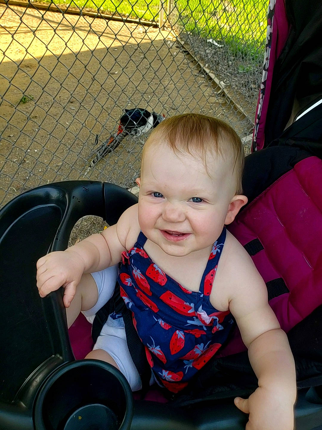 Clarice joined the competition — help win amazing prizes! baby, baby_carriage, baby_products, baby_toddler_clothing, black, child, comfort, facial_expression, fence, fun, grass, joy, leisure, mammal, mesh, person, product, skin, smile, toddler