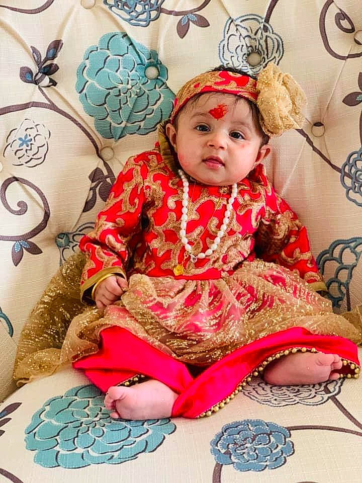 Aashvee joined the competition — help win amazing prizes! baby, baby_toddler_clothing, cheek, child, comfort, dress, embellishment, event, eye, face, happy, head, headwear, magenta, pattern, person, pink, purple, sitting, skin