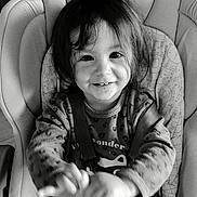 Théa a rejoint le concours — aidez-le/la à gagner de superbes lots ! baby, black_and_white, child, clothing, cozy, cute, face, furniture, hair, hands, happy, high_chair, indoor, person, portrait, seat, seatbelt, smiling, toddler, young