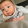 baby, infant, child, blue_eyes, dinosaur_shirt, bib, bed, blanket, indoor, portrait, cute, curious, chubby_cheeks, skin, head, arms, expression, soft_light, room, furniture