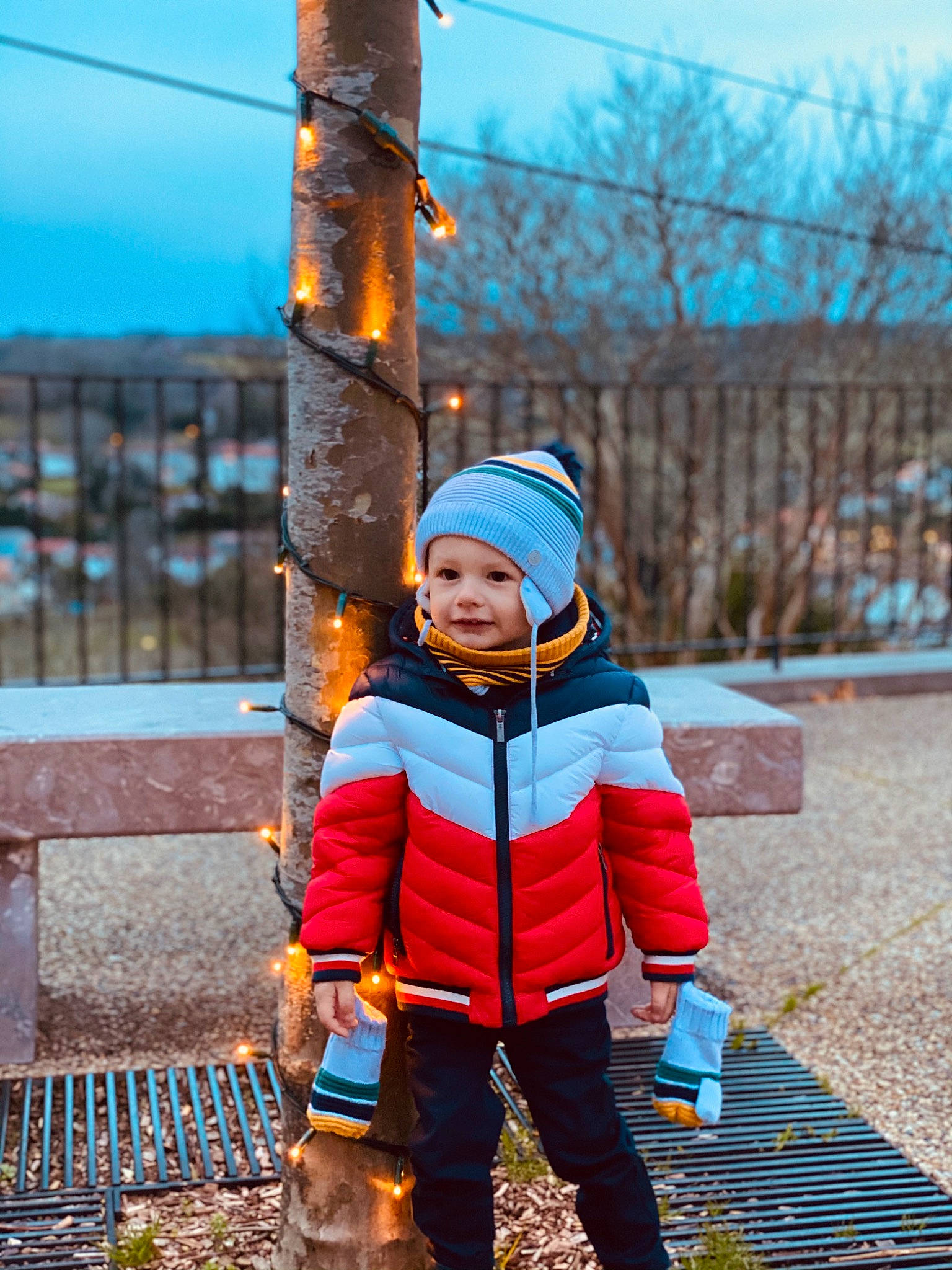 Evann participe au concours pour gagner de l'argent avec cette photo : autumn, baby, baby_toddler_clothing, beanie, boot, carnivore, chain_link_fencing, child, child_model, dog_breed, fence, headwear, hood, human, jacket, person, play, sporting_group, street_fashion, toddler