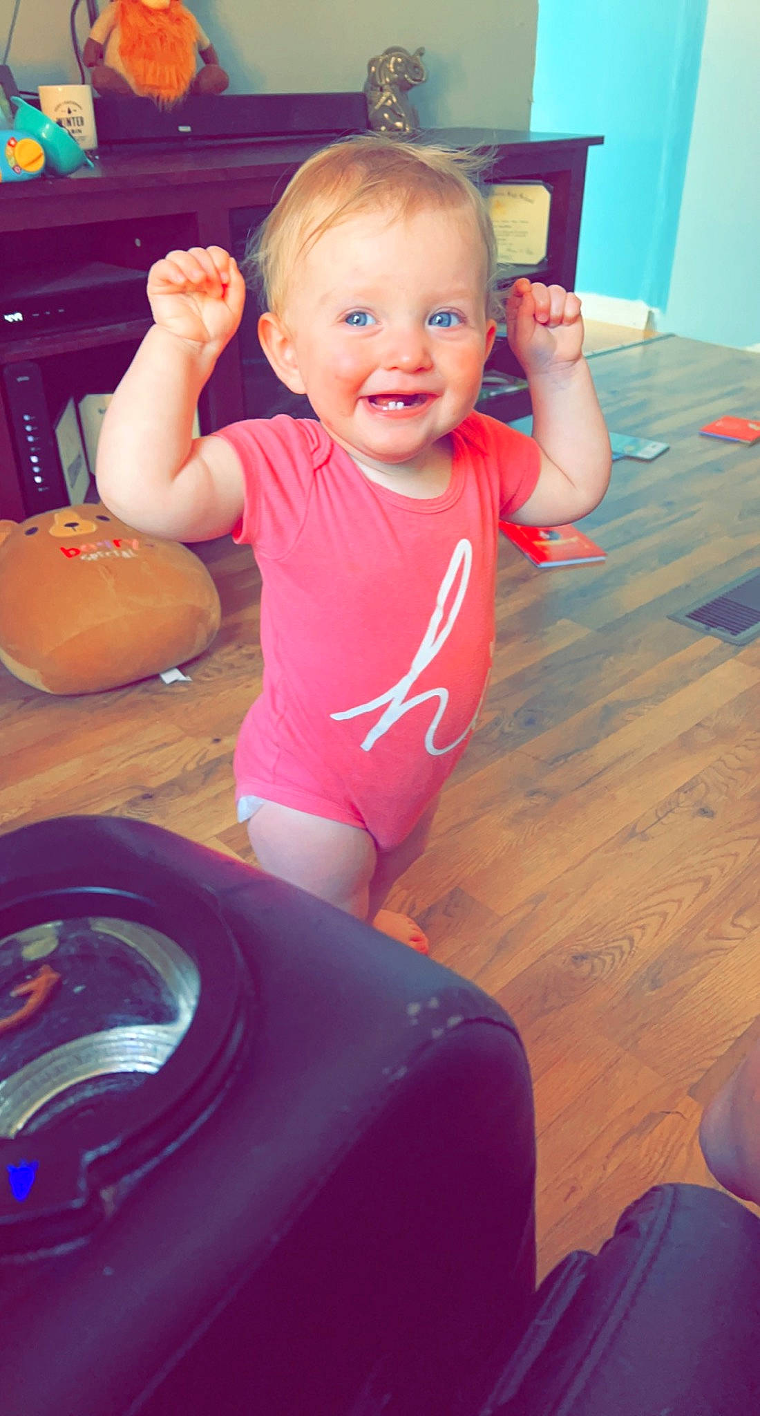 Karsyn joined the competition — help win amazing prizes! arm, automotive_tire, baby_toddler_clothing, blue, cheek, facial_expression, hair, hairstyle, happy, head, human_body, iris, joy, leg, mouth, muscle, organ, person, pink, skin