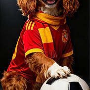 Louna participe au concours pour gagner de l'argent avec cette photo : accessory, animal, background, cap, cute, dog, fan, fur, happy, indoor, pet, portrait, posing, red_clothing, smiling, soccer_ball, sportswear, studio_lighting, team_spirit, yellow_scarf