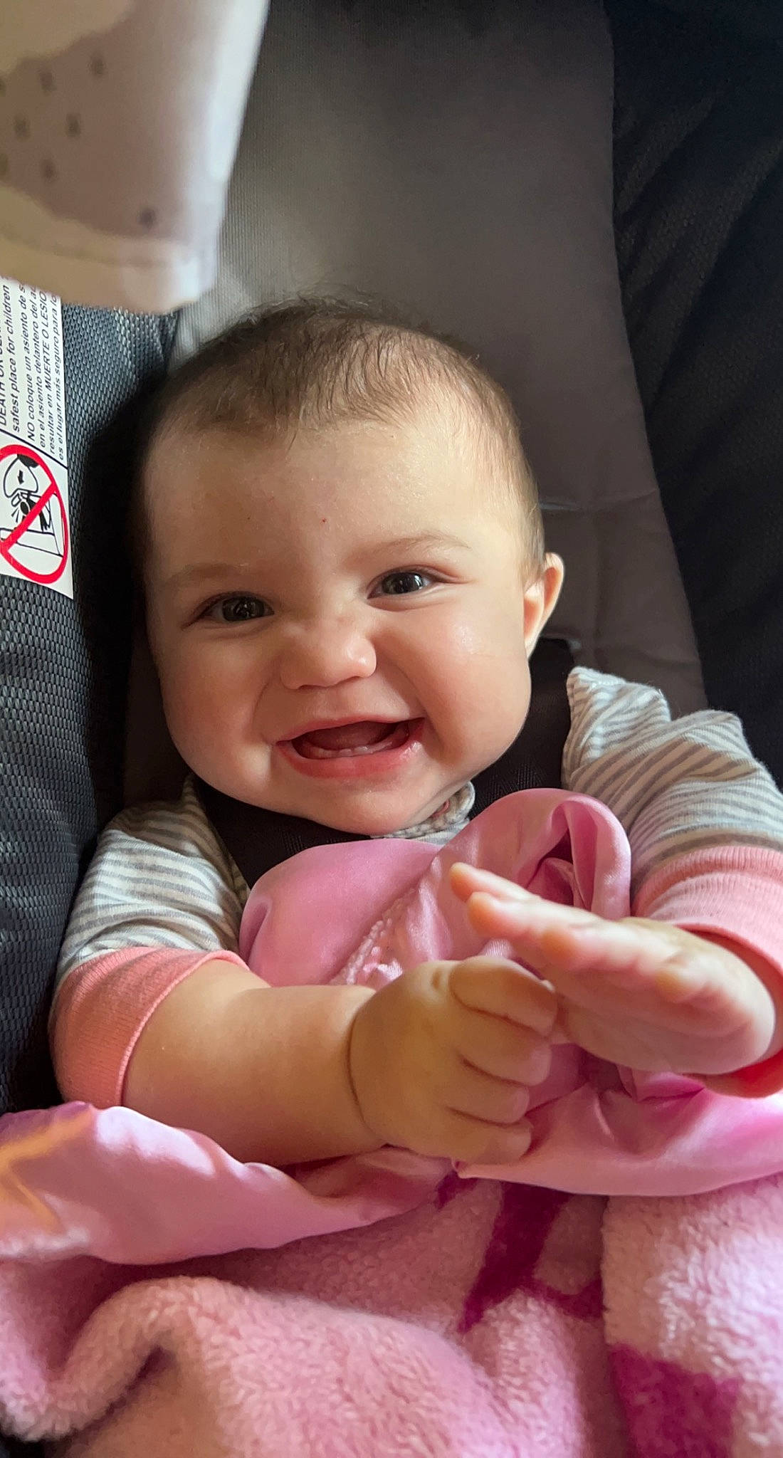 Athena joined the competition — help win amazing prizes! baby, baby_toddler_clothing, cheek, chin, comfort, eye, facial_expression, gesture, hairstyle, hand, happy, head, iris, joy, lip, mouth, nose, person, pink, skin