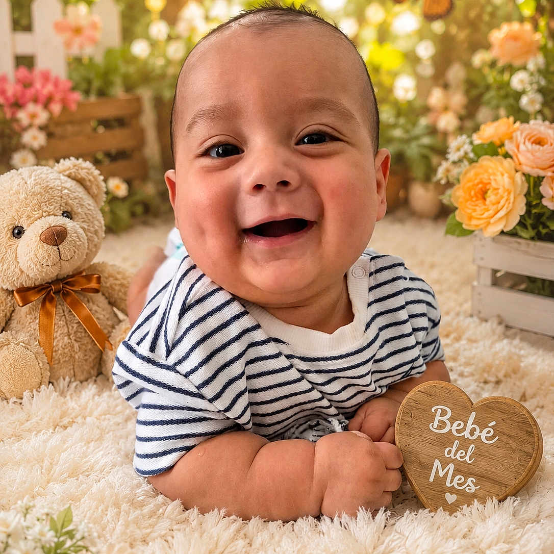 Ivan is registered to the contest to win money with this photo: baby, smiling, striped_shirt, teddy_bear, wooden_heart, flower, butterfly, fluffy_rug, cute, portrait, indoor, child, happy, soft_lighting, decor, nature_theme, cozy, infant, props, celebration