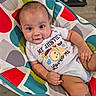 Ivan is registered to the contest to win money with this photo: baby, infant, child, onesie, clothing, patterned_chair, colorful, cute, smiling, face, eyes, hand, legs, floor, indoor, baby_chair, person, baby_smile, toddler, seated