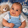 Ivan is registered to the contest to win money with this photo: baby, background_lights, blue_overalls, child, cozy, cute, fluffy_blanket, happy, indoors, infant, person, plush_toy, portrait, sitting, smiling, soft_texture, star_pattern, teddy_bear, warm_lighting, white_shirt