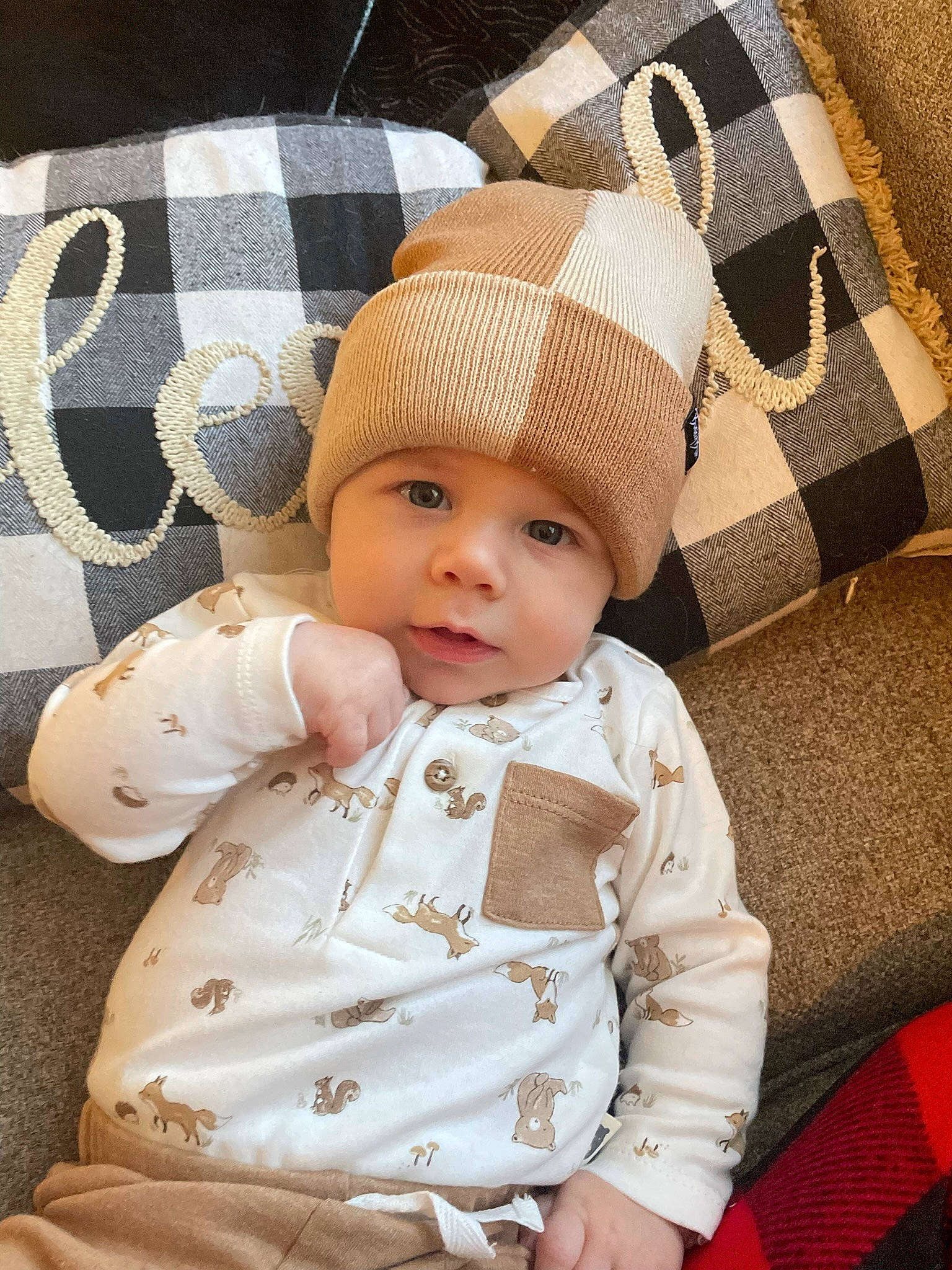 Greyson is registered to the contest to win money with this photo: baby, baby_sleeping, baby_toddler_clothing, beanie, cap, cheek, child, collar, comfort, design, fashion_accessory, headgear, headwear, knit_cap, linens, outerwear, pattern, person, sleeve, toddler