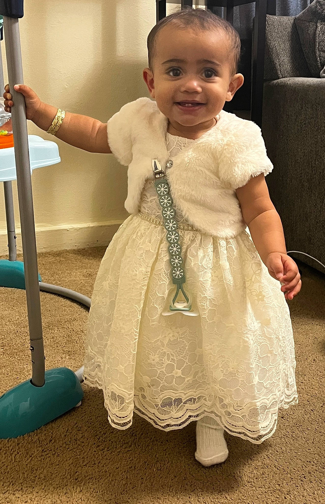 Evangeline joined the competition — help win amazing prizes! baby, baby_toddler_clothing, balance, child, dress, fashion_design, flooring, formal_wear, fun, hairstyle, happy, joint, joy, knee, person, shoulder, sitting, skin, sleeve, smile