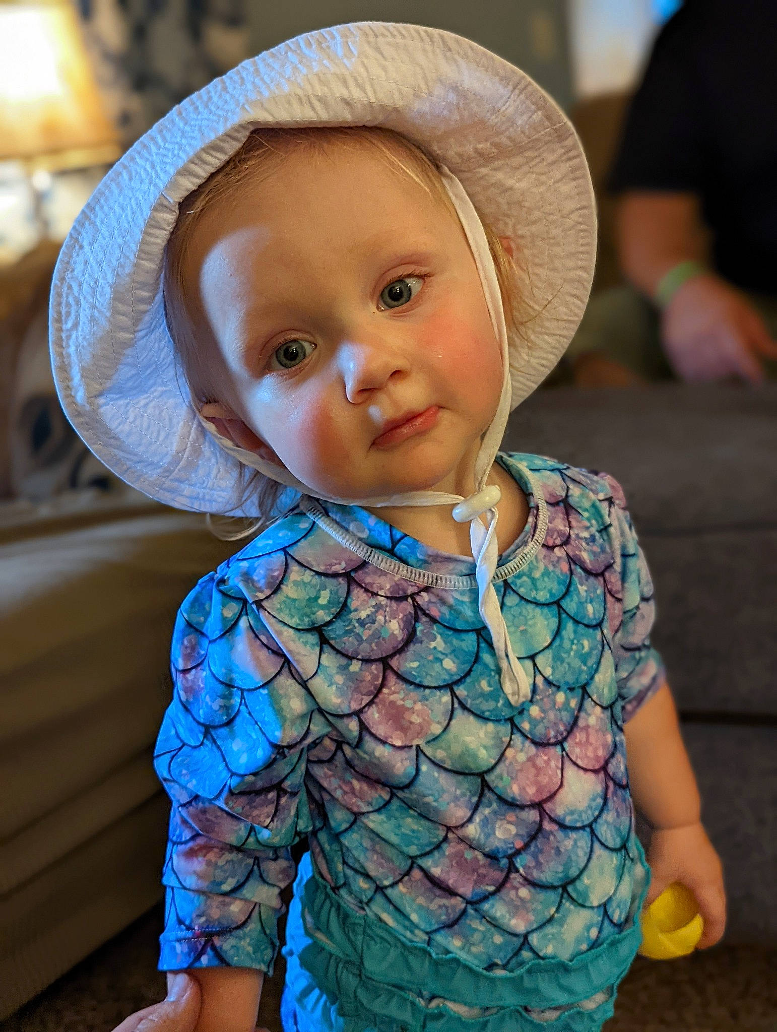 Joselynn joined the competition — help win amazing prizes! baby, baby_toddler_clothing, blue, cap, child, electric_blue, face, fun, hairstyle, happy, hat, iris, organ, person, product, skin, sleeve, smile, standing, sun_hat