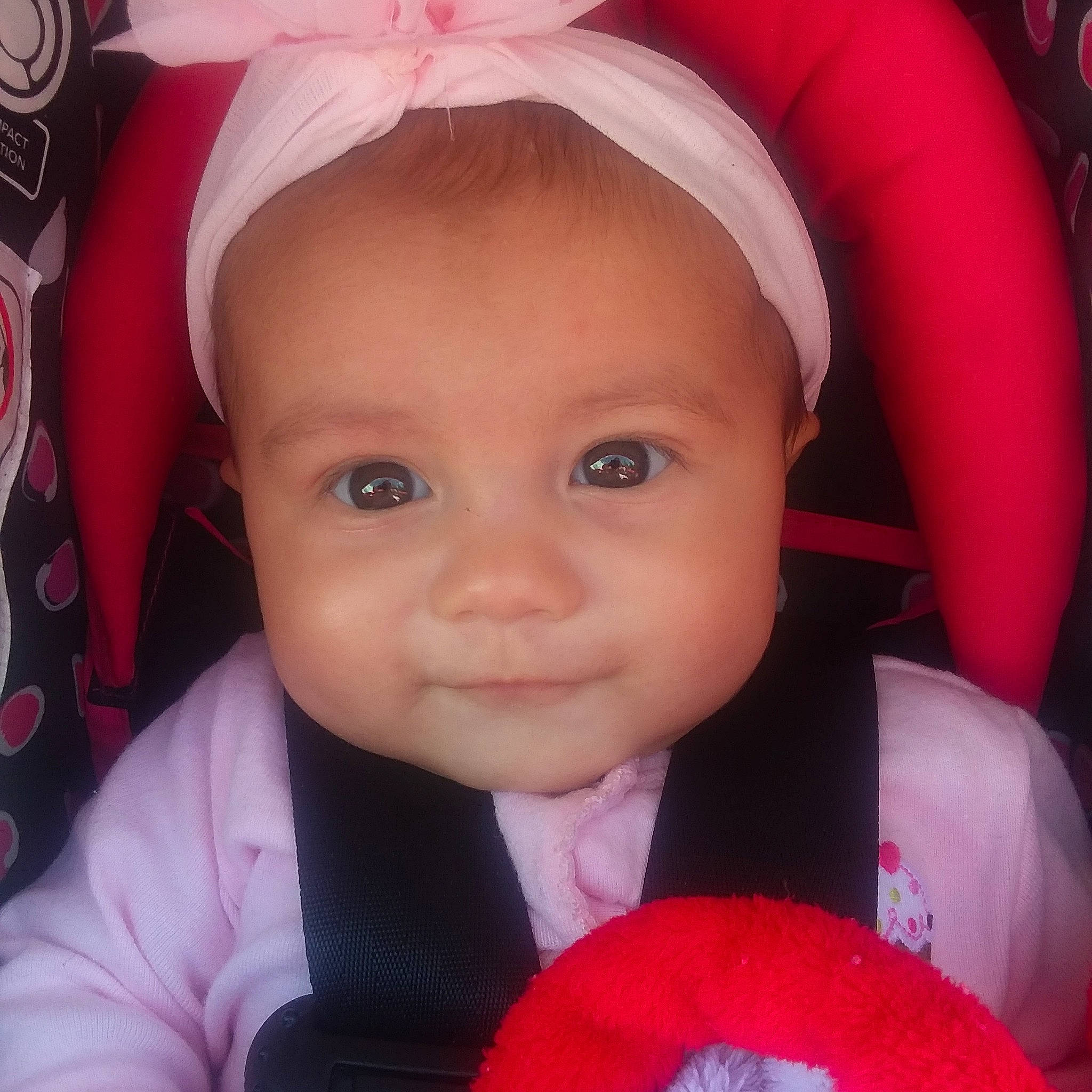 Claudia joined the competition — help win amazing prizes! baby, beauty, cheek, child, eye, eyebrow, face, facial_expression, forehead, hair_accessory, head, lip, mouth, nose, person, pink, product, red, skin, smile