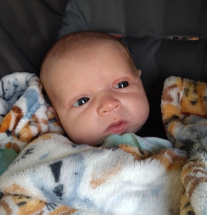 Kolten is registered to the contest to win money with this photo: baby, baby_toddler_clothing, cheek, child, comfort, companion_dog, eye, face, fawn, fur, happy, head, linens, person, skin, smile, stuffed_toy, toddler, toy, whiskers