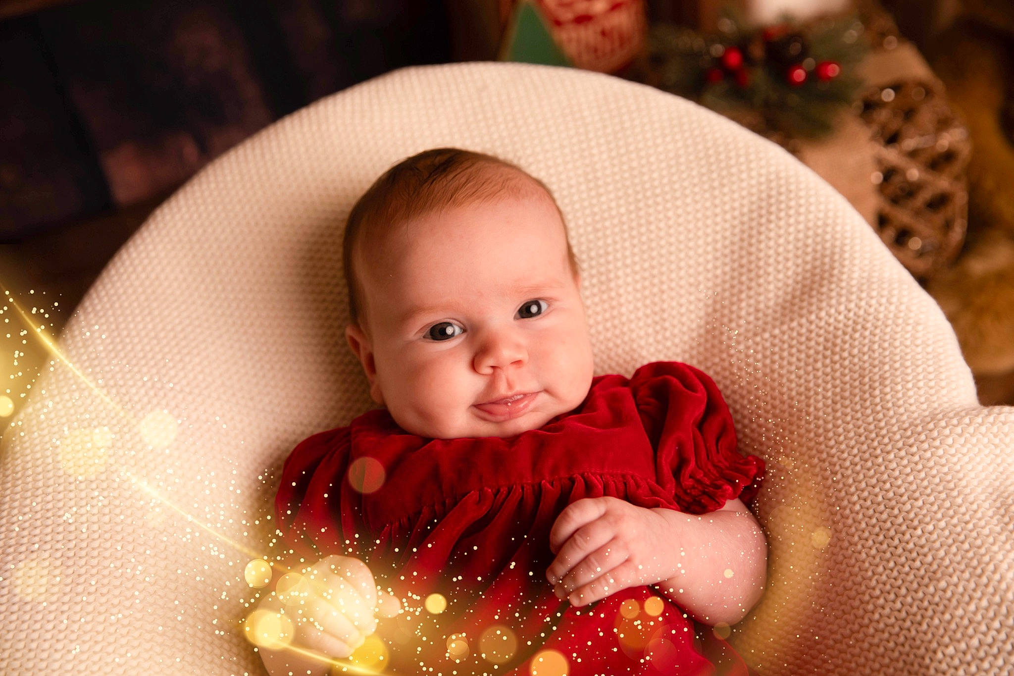 Annabel joined the competition — help win amazing prizes! baby, baby_toddler_clothing, cheek, child, christmas, christmas_ornament, event, eye, flash_photography, fun, happy, lip, magenta, pattern, person, sitting, skin, sleeve, smile, textile
