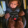 Lucas is registered to the contest to win money with this photo: baby, infant, car_seat, brown_clothing, onesie, hood, straps, buckled, wide_eyes, cute, indoors, soft_texture, plush, child, person, seated, comfort, safety, looking_up, expression