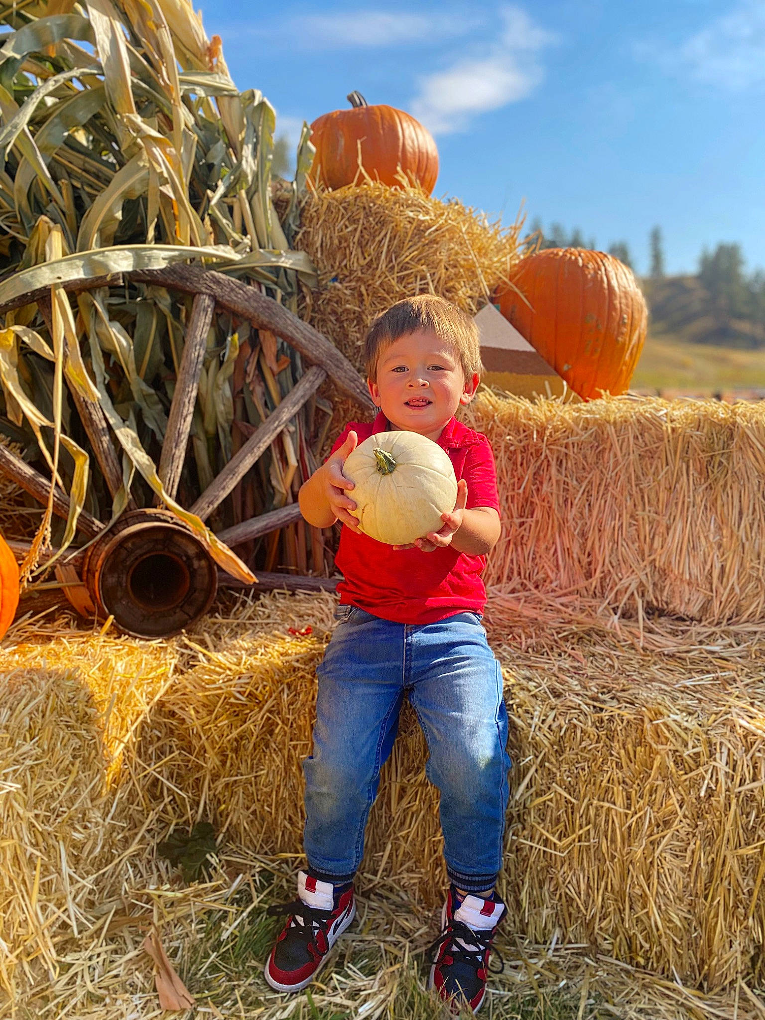 Kysen joined the competition — help win amazing prizes! agriculture, calabaza, event, farmworker, field, grass, grass_family, grassland, happy, hat, hay, landscape, nature, people_in_nature, person, plant, prairie, pumpkin, sky, winter_squash