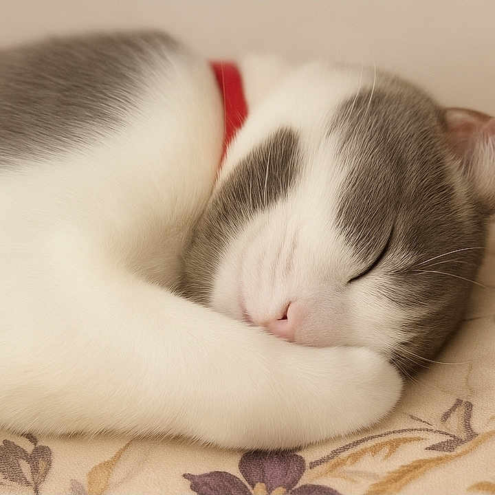 Mya participe au concours pour gagner de l'argent avec cette photo : animal, cat, closeup, collar, cozy, cute, ear, floral, fur, gray, indoor, nose, paw, pet, relaxed, rest, sleeping, soft, whiskers, white