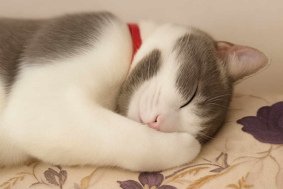 Mya participe au concours pour gagner de l'argent avec cette photo : cat, sleeping, paw, gray, white, fur, closeup, rest, cozy, animal, pet, relaxed, indoor, floral, soft, cute, whiskers, nose, ear, collar