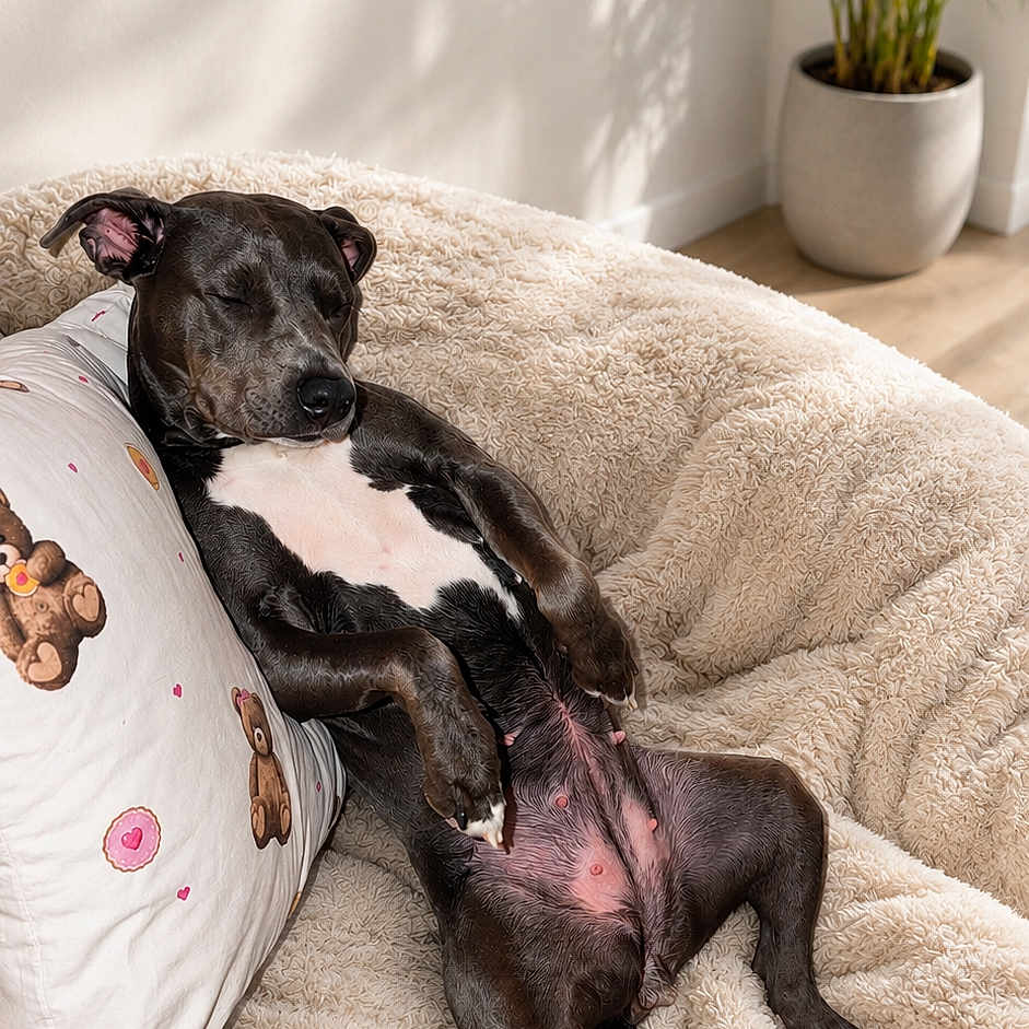 Nicky participe au concours pour gagner de l'argent avec cette photo : dog, black_dog, sleeping, resting, pillow, teddy_bear_pattern, blanket, cozy, indoor, plant, pot, sunlight, relaxation, pet, fur, canine, comfort, home, floor, wall