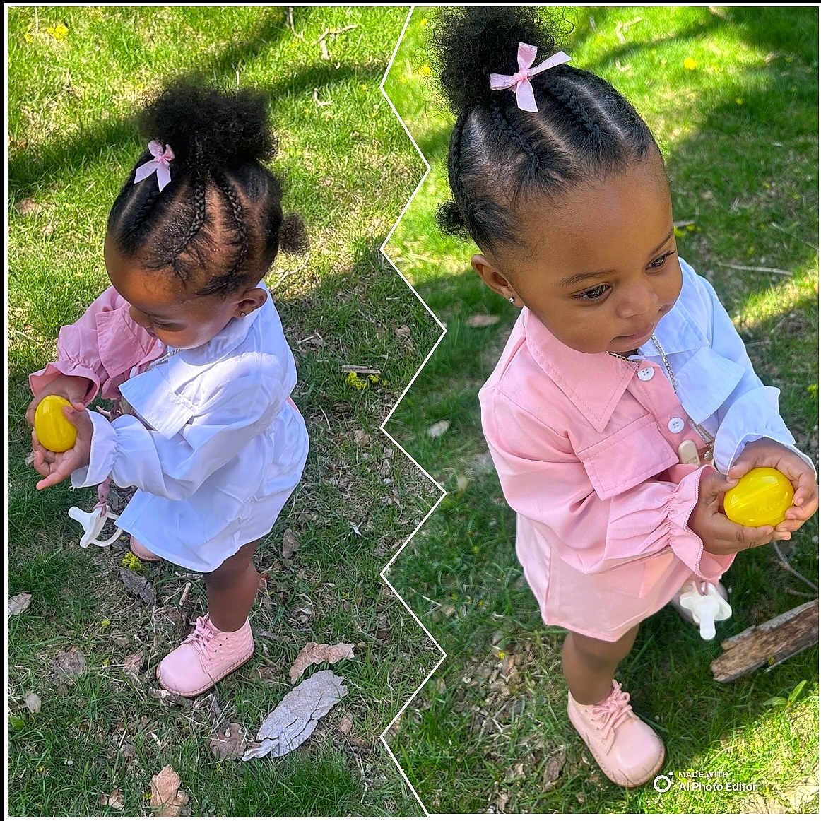 Kayvía joined the competition — help win amazing prizes! braided_hair, child, cute, fashion, grass, greenery, holding, nature, outdoor, pacifier, pink_boots, pink_bow, pink_jacket, portrait, standing, sunlight, toddler, white_jacket, yellow_object, young_child