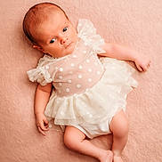 Adèle participe au concours pour gagner de l'argent avec cette photo : baby, infant, child, polka_dot, white_dress, soft_texture, pink_background, lying_down, cute, portrait, small_hands, small_feet, newborn, calm, curious, soft_light, indoors, closeup, sleepwear, adorable