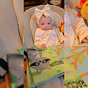 Artemis joined the competition — help win amazing prizes! baby, baby_girl, bow, child, clothing, comfort, cushion, cute, headband, indoors, infant, playtime, portrait, raccoon, relaxing, seat, smile, soft_book, toy, warm_lighting