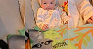 Artemis joined the competition — help win amazing prizes! baby, baby_girl, bow, child, clothing, comfort, cushion, cute, headband, indoors, infant, playtime, portrait, raccoon, relaxing, seat, smile, soft_book, toy, warm_lighting