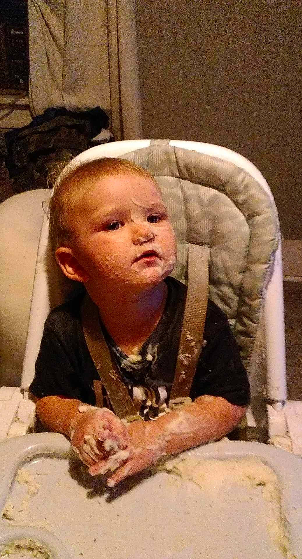 Zachariah joined the competition — help win amazing prizes! baby, baby_toddler_clothing, chair, cheek, child, comfort, comfort_food, cooking, eating, eyelash, face, finger, human, mouth, nose, person, room, sitting, skin, toddler
