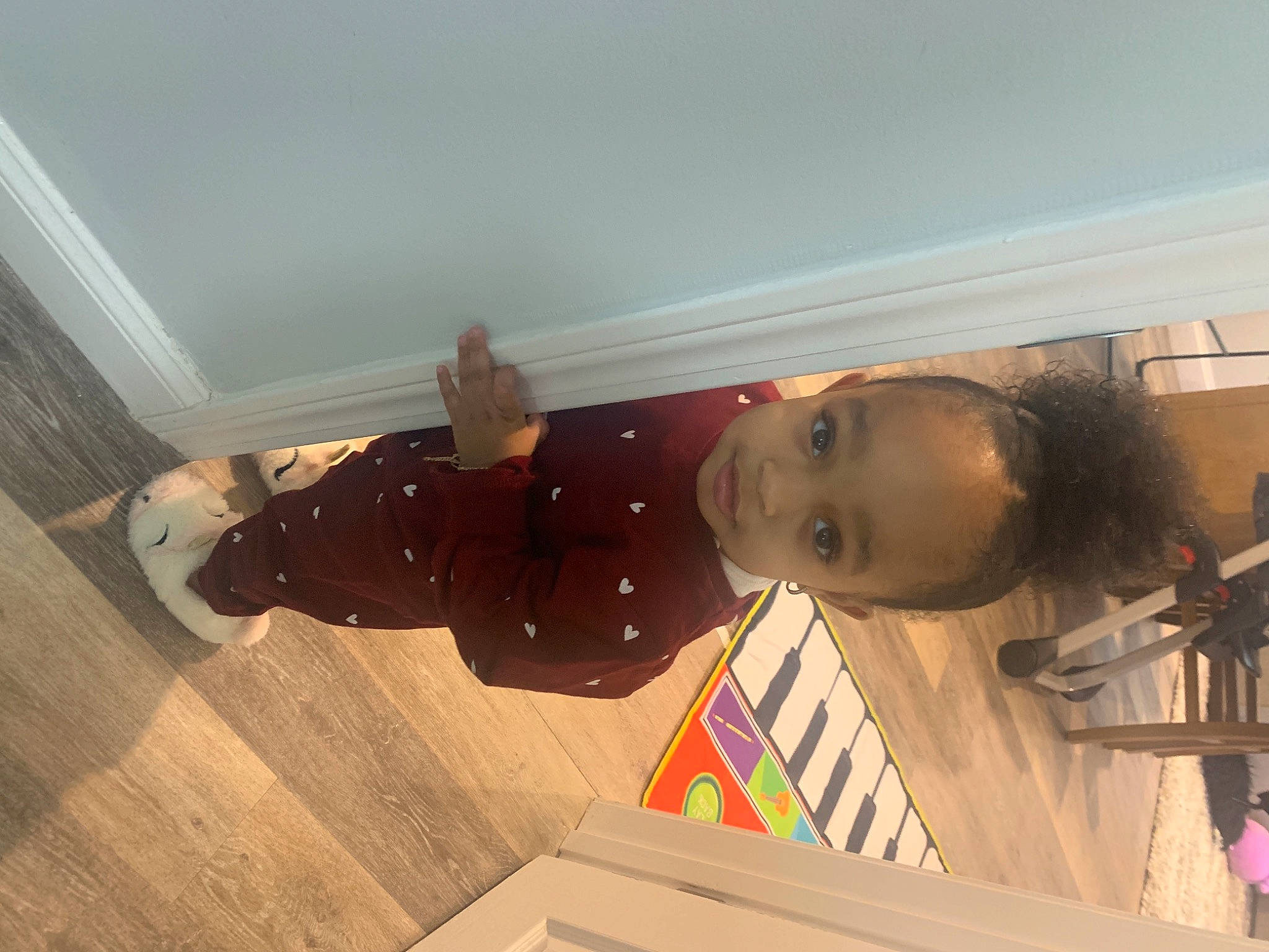 Kehlani is registered to the contest to win money with this photo: baby, brown, ceiling, child, flooring, fun, hardwood, human_leg, laminate_flooring, pattern, person, plaster, room, tints_and_shades, toddler, varnish, wood, wood_flooring, wood_stain