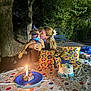woman, dog, birthday_cake, birthday_candle, presents, party_table, outdoor, night, trees, bench, celebration, gift_wrap, happy, kiss, pet, animal, party, lighting, smile, tablecloth
