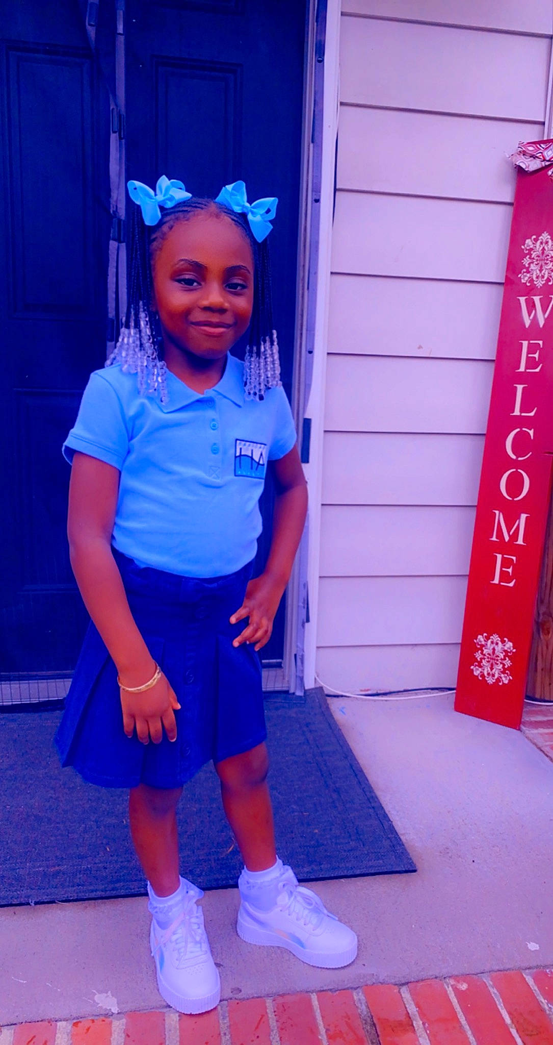 Mia joined the competition — help win amazing prizes! baby_toddler_clothing, blue, fun, happy, hat, joy, leg, magenta, person, pink, purple, red, shorts, shoulder, sleeve, smile, standing, t_shirt, textile, thigh