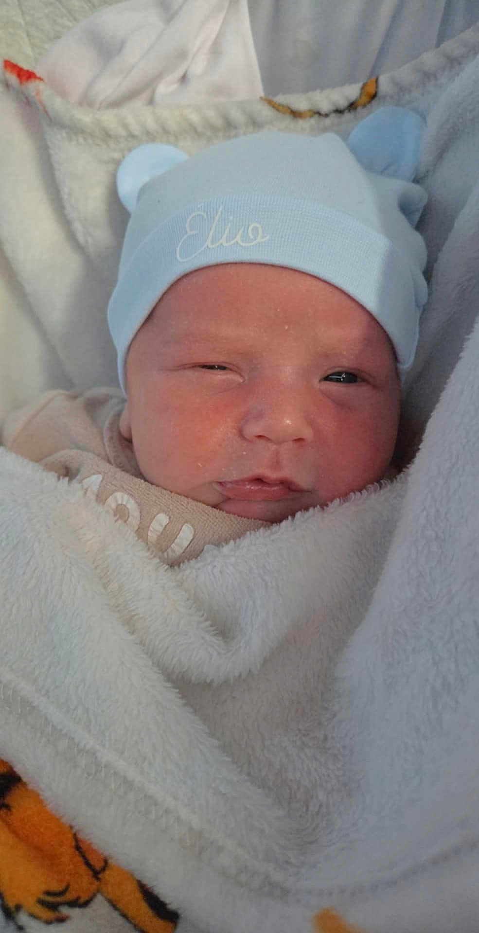 élio participe au concours pour gagner de l'argent avec cette photo : newborn, baby, hat, blue_hat, blanket, sleepy, face, cozy, soft_texture, wrapped, infant, cute, child, young, warm, snug, expression, resting, indoors, portrait