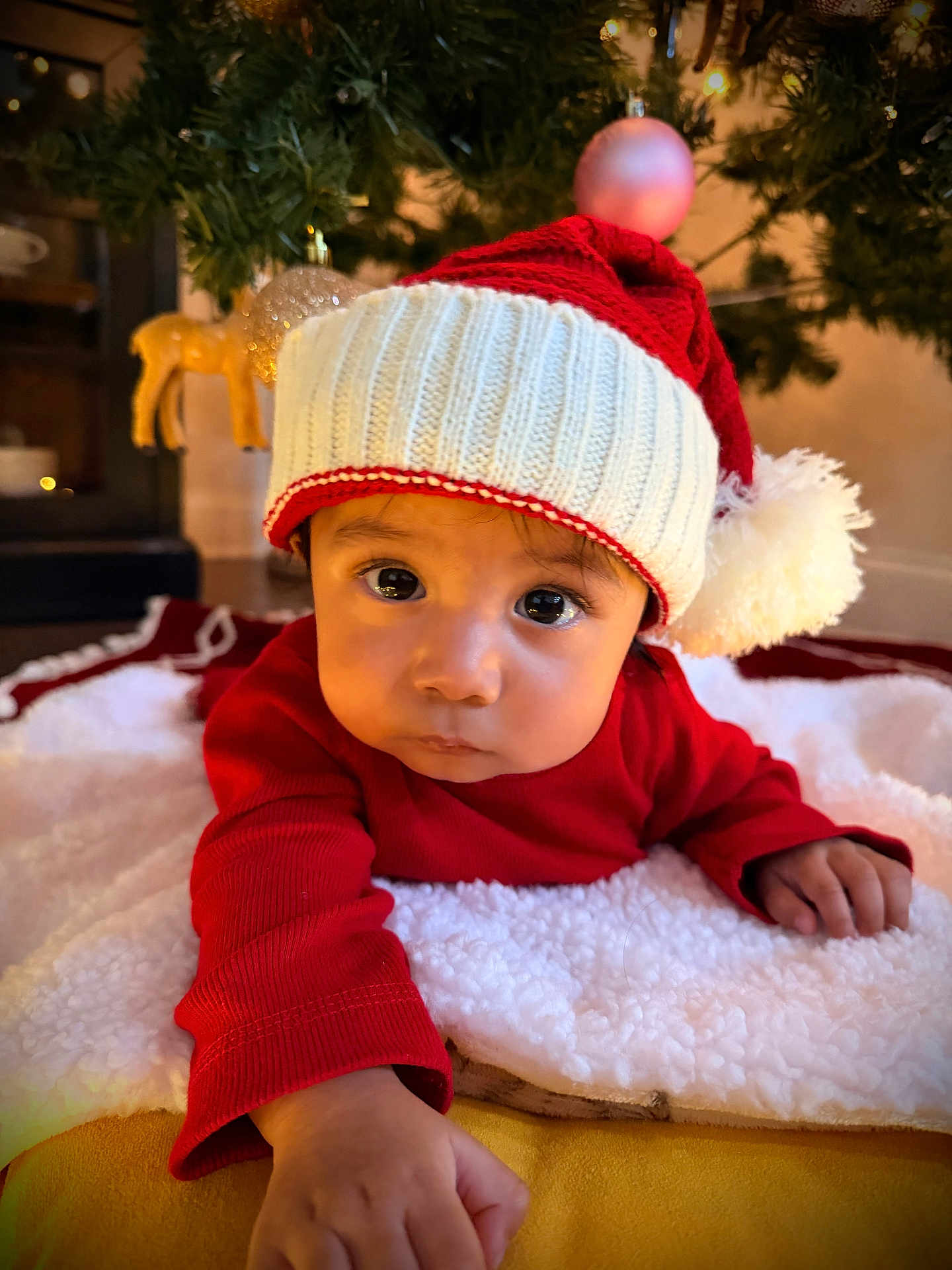 Adriti is registered to the contest to win money with this photo: baby, child, santa_hat, red_clothing, blanket, christmas_tree, ornament, holiday, festive, indoor, cute, portrait, toddler, face, hand, warm_lighting, decorations, seasonal, cozy, expression
