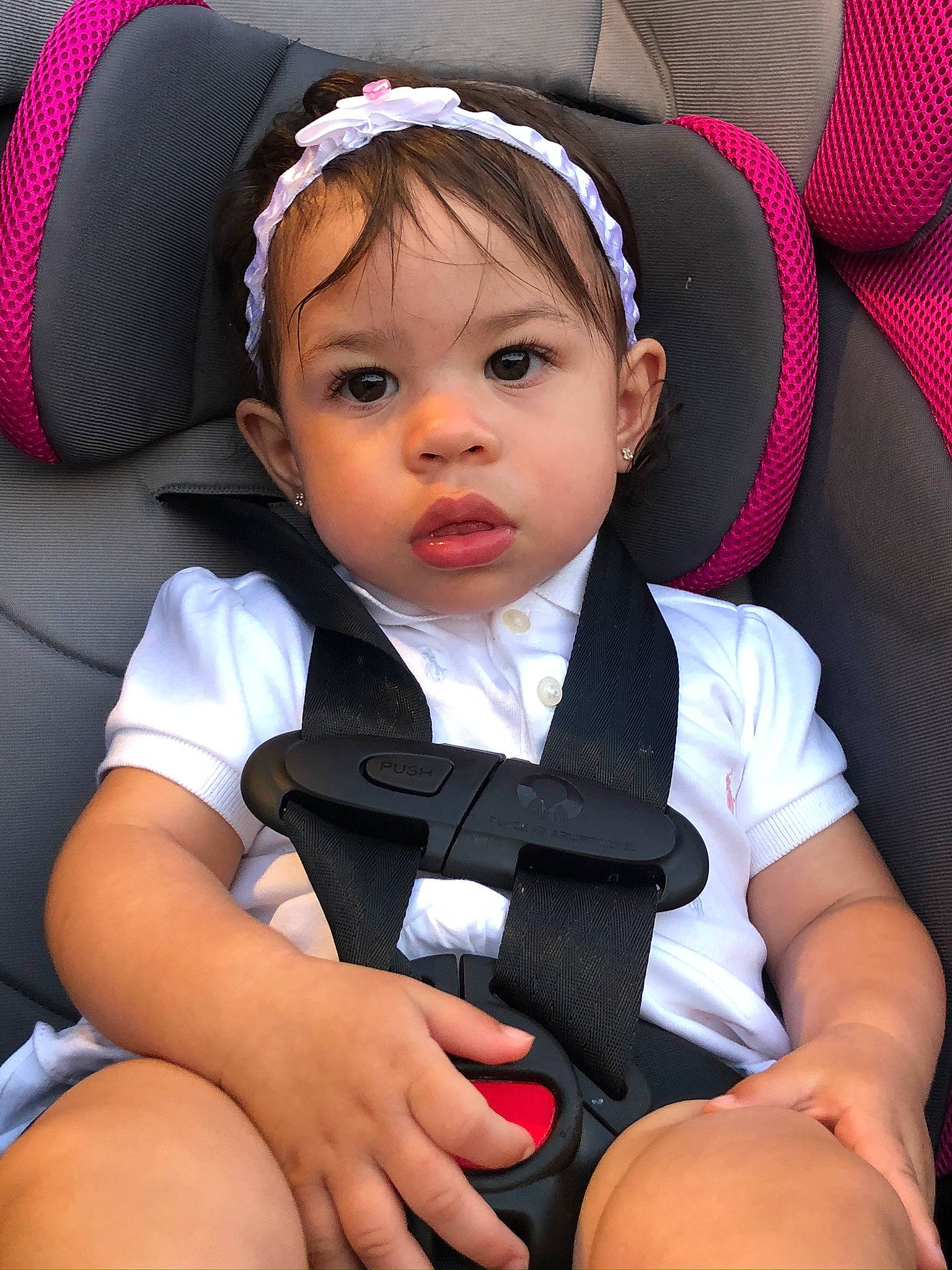 Ynnalee is registered to the contest to win money with this photo: baby, baby_in_car_seat, baby_products, baby_toddler_clothing, car_seat, car_seat_cover, child, comfort, eyelash, hair_accessory, head_restraint, headband, headgear, headpiece, lap, nail, person, pink, seat_belt, toddler