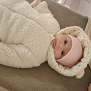 élie participe au concours pour gagner de l'argent avec cette photo : baby, infant, face, hood, snowsuit, pink_hat, blanket, soft_texture, cute, warm_clothing, indoor, lying_down, child, apparel, sleepwear, portrait, newborn, toddler, cozy, comfortable