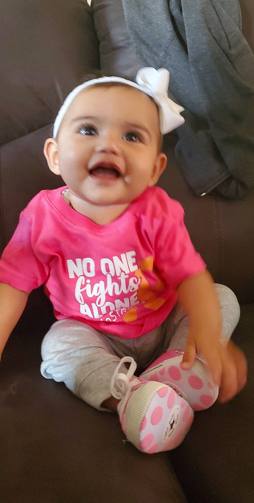 Gianna joined the competition — help win amazing prizes! baby, baby_products, baby_toddler_clothing, cheek, child, person, pink, play, product, skin, smile, toddler