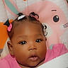 Sraeaah is registered to the contest to win money with this photo: baby, infant, child, portrait, close_up, sitting, pink_clothing, hair_bows, bunny, stuffed_animal, playpen, blanket, heart_pattern, indoor, face, eyes, looking_at_camera, cute, baby_furniture, smartphone_screenshot