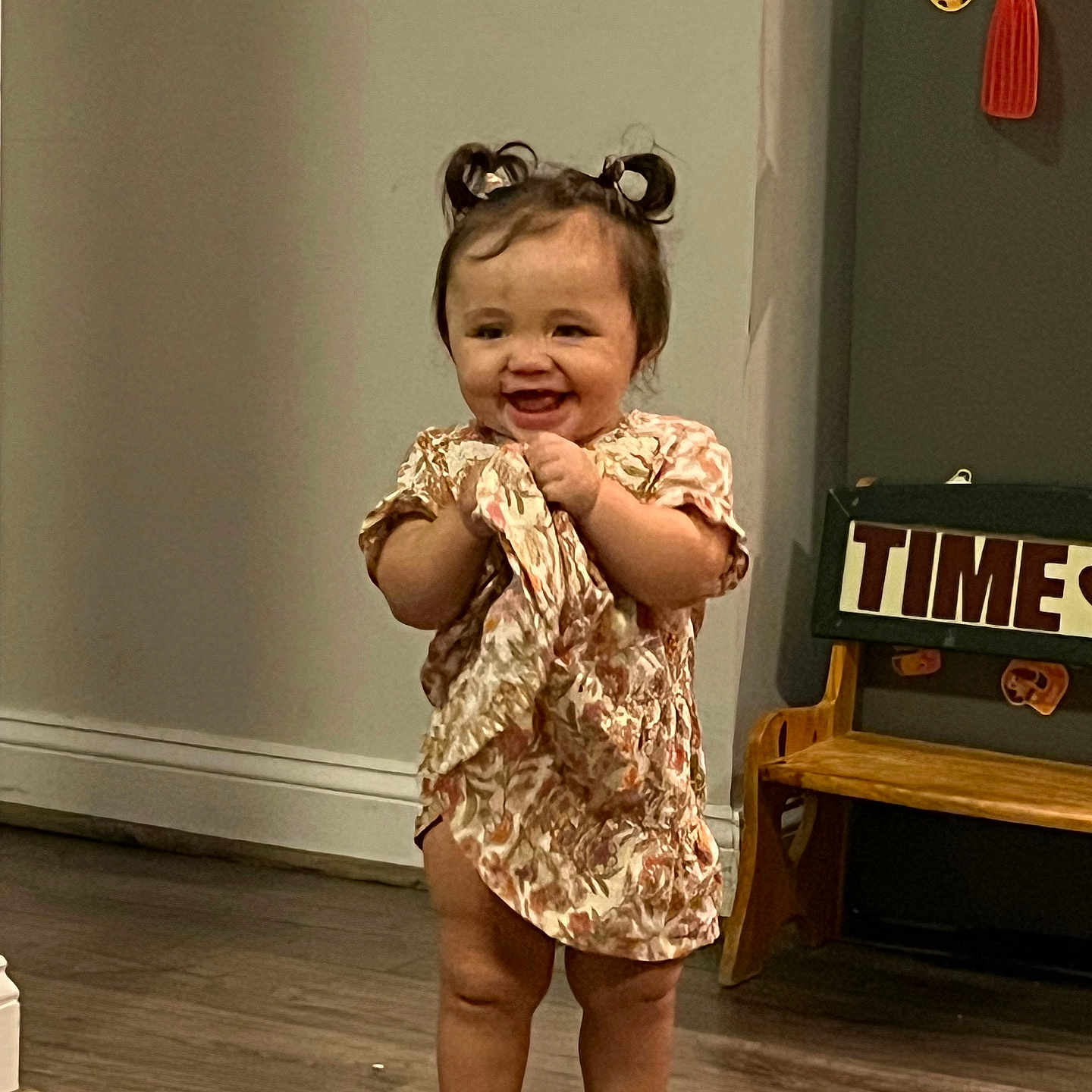 Annaleia is registered to the contest to win money with this photo: barefoot, bench, child, cute, dress, floral_pattern, furniture, hair_buns, happy, home, indoors, laughing, playful, portrait, room, smiling, standing, toddler, wall_decor, wood_floor