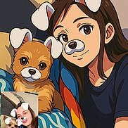 Ritzo participe au concours pour gagner de l'argent avec cette photo : animal, blanket, cartoon, colorful, companion, couch, cozy, cute, digital_art, dog, dog_filter, face_filter, girl, illustration, indoor, pet, playful, portrait, smile, young_person